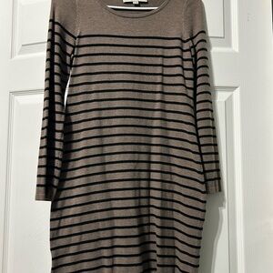LOFT Taupe and Black Striped Long Sleeve Dress